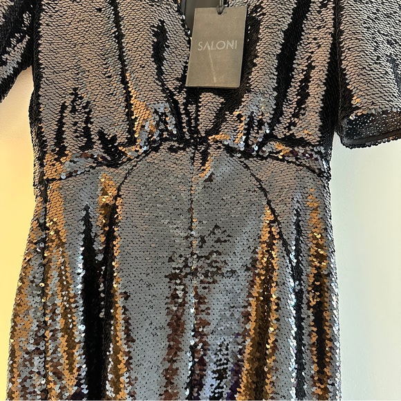 NWT - SALONI black gathered sequined tulle midi dress size US 2 - Picture 7 of 9